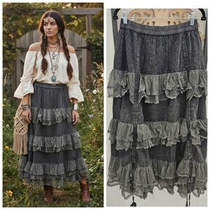 Bohemian Gray Tiered Eyelit Ruffle Mineral Wash Skirt